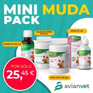 Kit completo para la muda de canarios y aves de jaula. Incluye Sales de Baño, Acidplus, Pica-Pica y Muda para un plumaje sano y brillante.