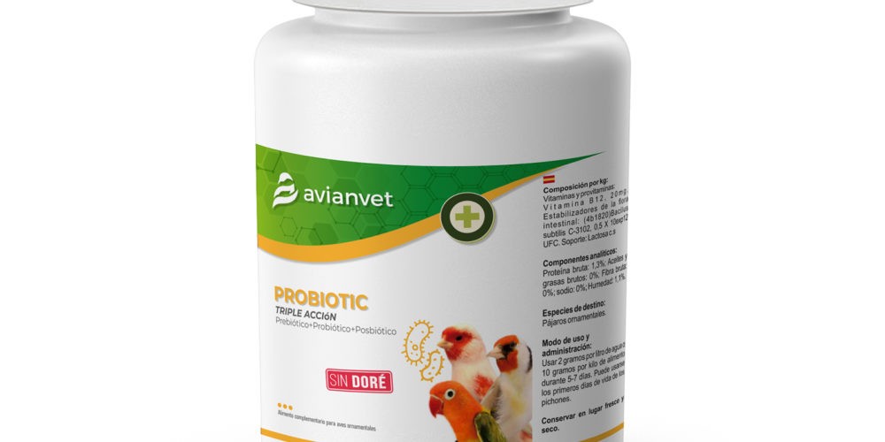 Probiotic Triple Acción Avianvet para la salud intestinal de canarios y aves, con Bacillus subtilis y sin efecto doré para canarios mosaicos.