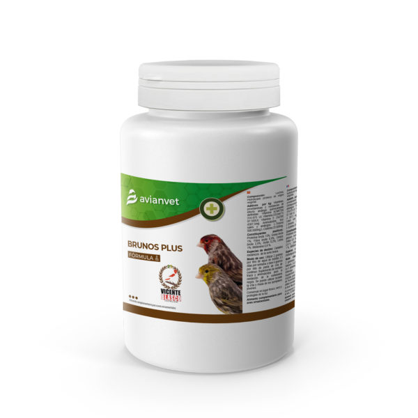 Brunos Plus Avianvet fórmula Vicente Blasco, suplemento nutricional con L-Tirosina y L-Cisteína para potenciar la pigmentación y fortalecer el plumaje de canarios brunos y melánicos.