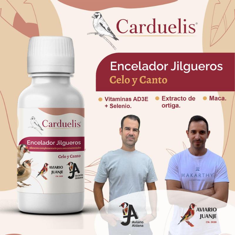 Bote de Encelador Jilgueros Carduelis para estimular el celo y mejorar el canto, con vitaminas AD3E y selenio y probado por los mejores aviarios Juanje y Aldana.