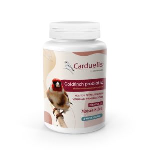 Envase de Goldfinch probiotic Carduelis, para jilgueros y fringílidos del aviario Moisés Silva enfocado en la mejora de la salud intestinal y el sistema inmunológico.