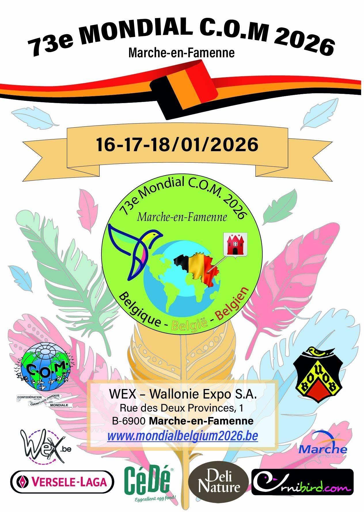 Cartel oficial del 73º Mundial de Ornitología C.O.M. 2026 en Bélgica, evento internacional en el que participa Avianvet.