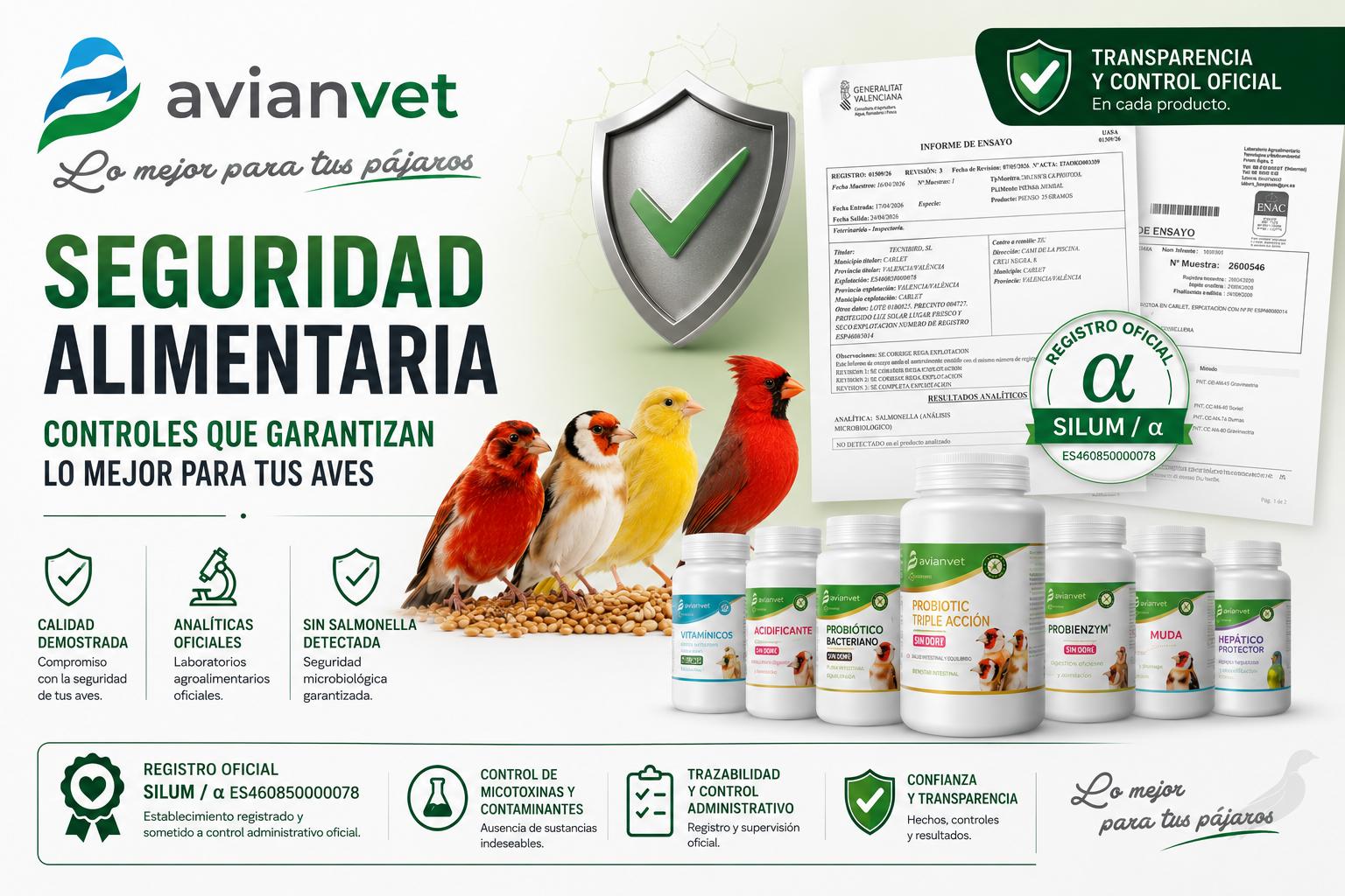 Controles de calidad en productos Avianvet para garantizar la seguridad y transparencia en la alimentación de aves.