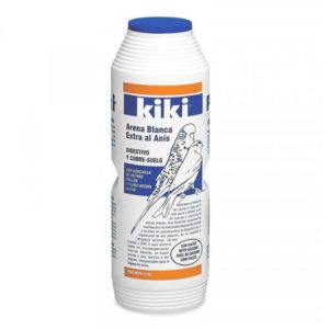 Arena blanca Kiki de 2 kg con anís y calcio para facilitar la digestión de las aves y cubrir el suelo de la jaula