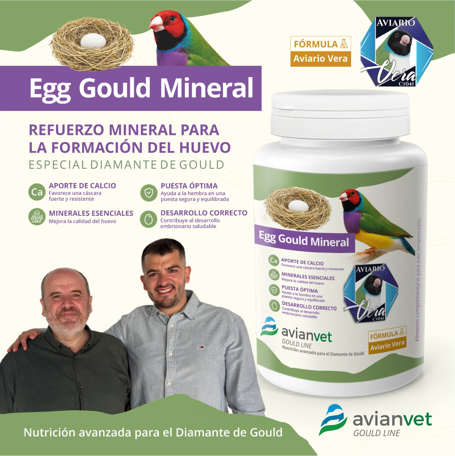 Egg Gould Mineral de Avianvet Gould Line, aporte de calcio biodisponible y minerales para la reproducción de hembras de Diamante de Gould.
