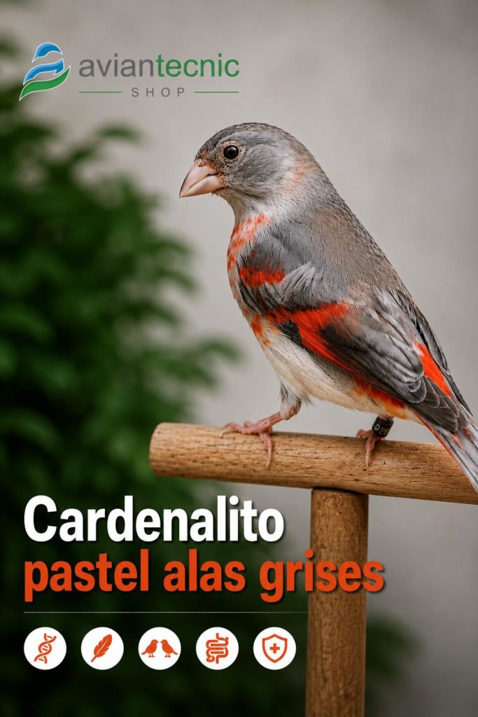 Resumen completo del cardenalito de Venezuela pastel alas grises, analizando su origen genético, diferencias con el diluido, estándar de selección, manejo de la muda y uso de probióticos.