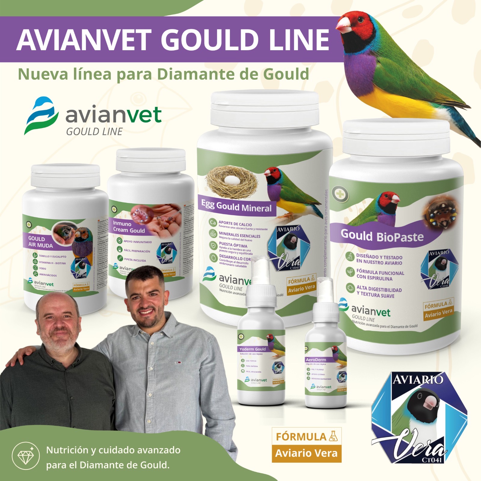 Colaboración de Avianvet y Aviario Vera con la experiencia de Iván Vera y Diego Vera para el desarrollo técnico de Avianvet Gould Line para Diamantes de Gould de competición.