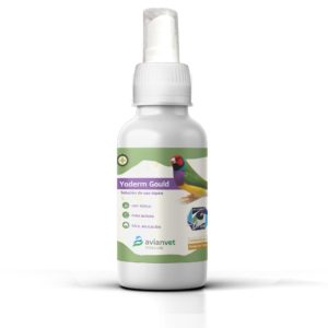 Yoderm Gould Avianvet: solución antiséptica para limpiar, proteger y desinfectar heridas superficiales y picajes en diamantes de Gould y aves ornamentales.