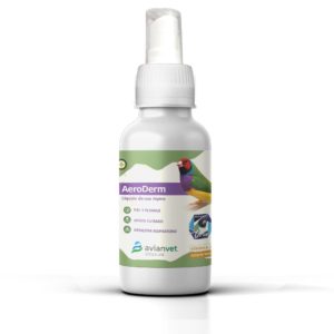 Spray AeroDerm Avianvet para cuidar la piel y el plumaje de Diamantes de Gould y eliminar irritaciones por ácaros.