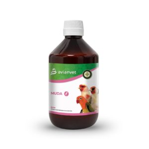 Botella de Muda Avianvet, suplemento líquido con aminoácidos y vitaminas para acelerar el cambio de plumaje en pájaros ornamentales y aves de jaula.